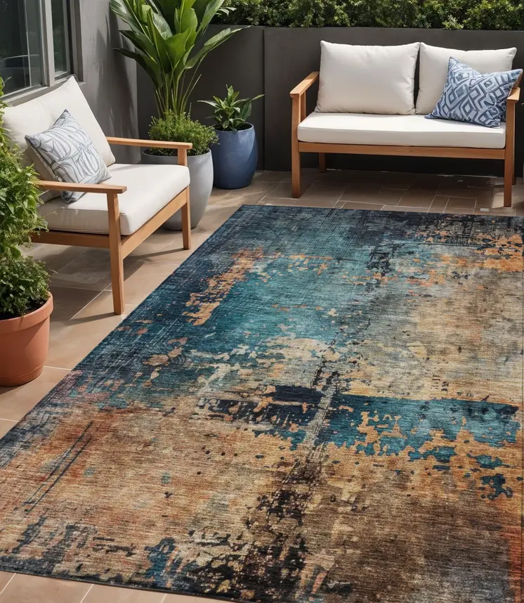 5' X 8' Teal Blue Black And Copper Abstract Washable Indoor Outdoor Area Rug
