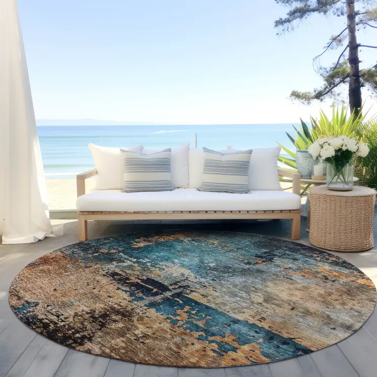 8' Teal Blue Black And Copper Round Abstract Washable Indoor Outdoor Area Rug