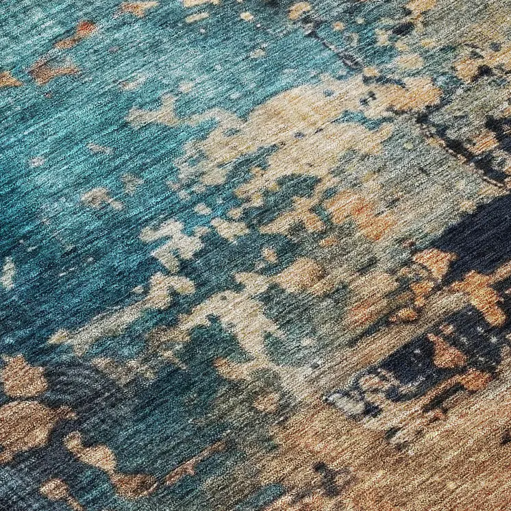 8' Teal Blue Black And Copper Round Abstract Washable Indoor Outdoor Area Rug