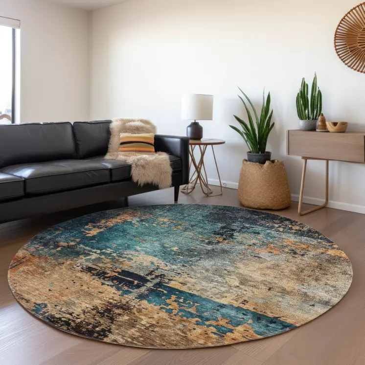 8' Teal Blue Black And Copper Round Abstract Washable Indoor Outdoor Area Rug