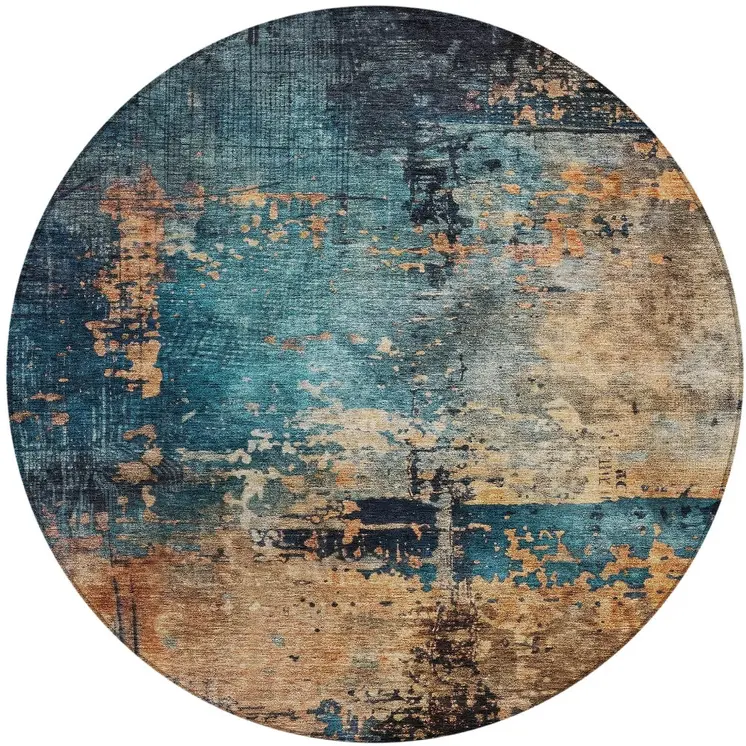 8' Teal Blue Black And Copper Round Abstract Washable Indoor Outdoor Area Rug