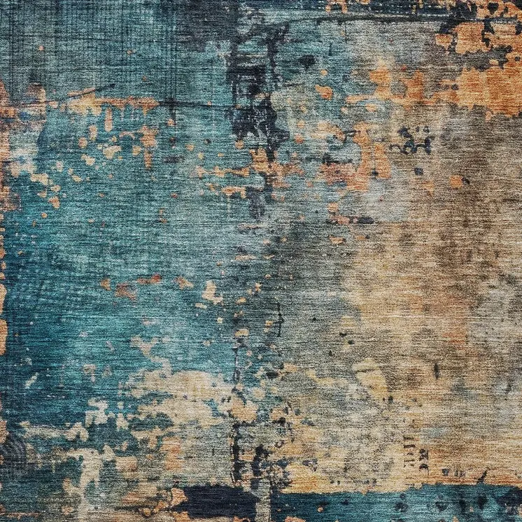 8' X 10' Teal Blue Black And Copper Abstract Washable Indoor Outdoor Area Rug