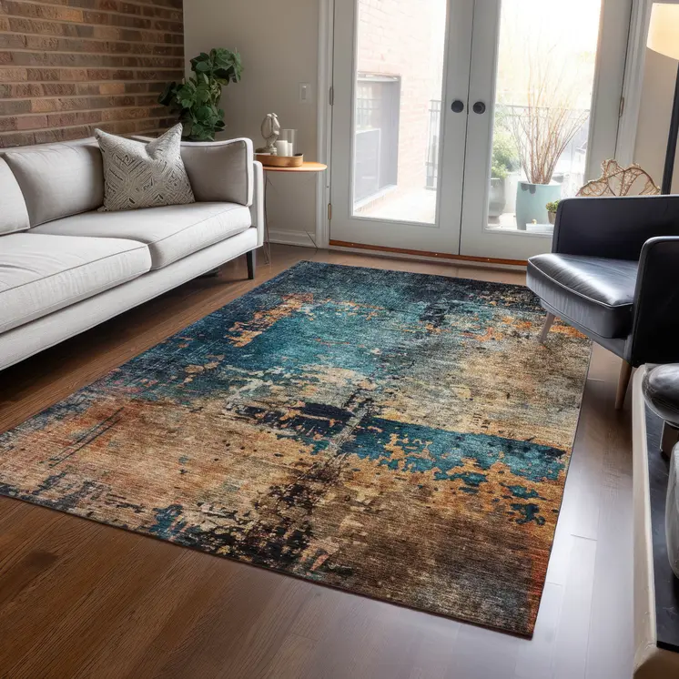 9' X 12' Teal Blue Black And Copper Abstract Washable Indoor Outdoor Area Rug