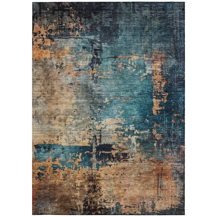 10' X 14' Teal Blue Black And Copper Abstract Washable Indoor Outdoor Area Rug