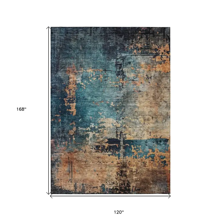 10' X 14' Teal Blue Black And Copper Abstract Washable Indoor Outdoor Area Rug