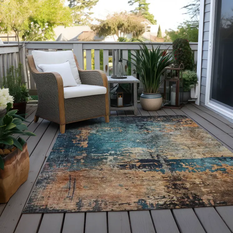 10' X 14' Teal Blue Black And Copper Abstract Washable Indoor Outdoor Area Rug