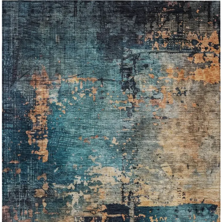 10' X 14' Teal Blue Black And Copper Abstract Washable Indoor Outdoor Area Rug