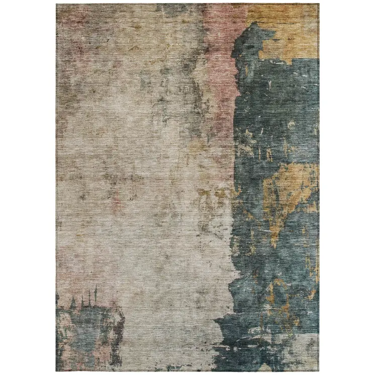 3' X 5' Taupe Blue And Lavender Abstract Washable Indoor Outdoor Area Rug