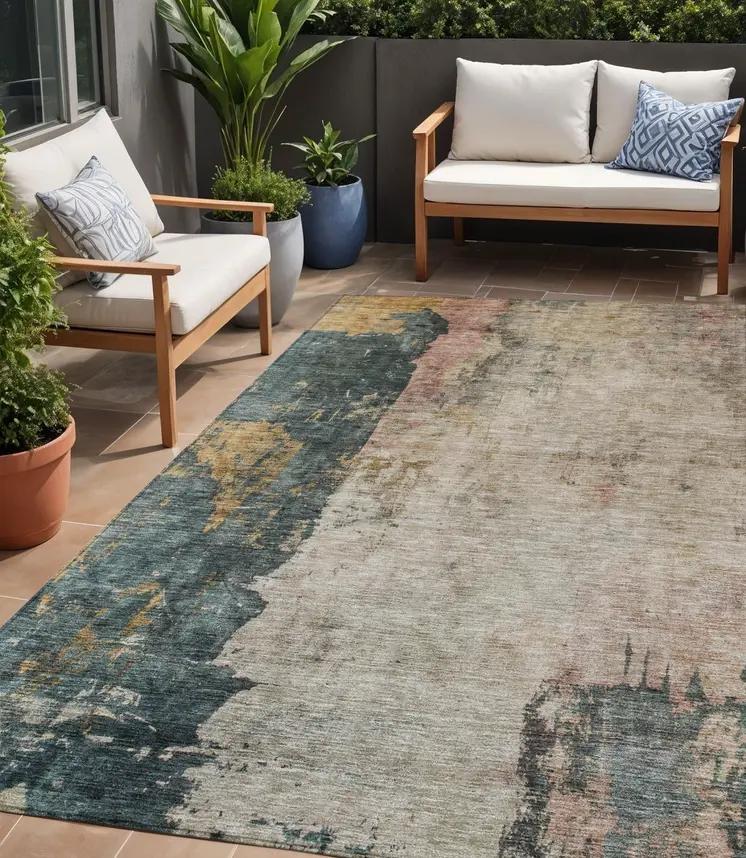 5' X 8' Taupe Blue And Lavender Abstract Washable Indoor Outdoor Area Rug