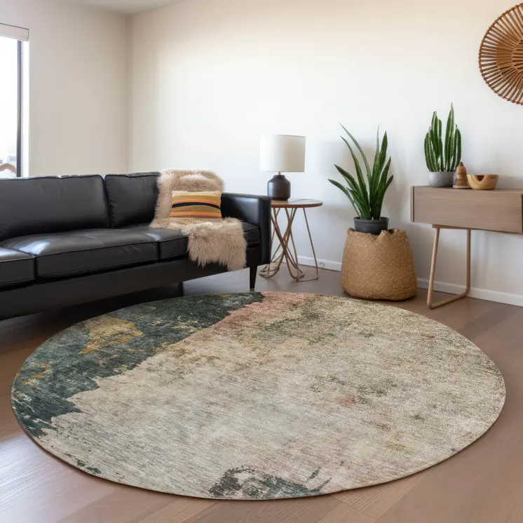 8' Taupe Blue And Lavender Round Abstract Washable Indoor Outdoor Area Rug