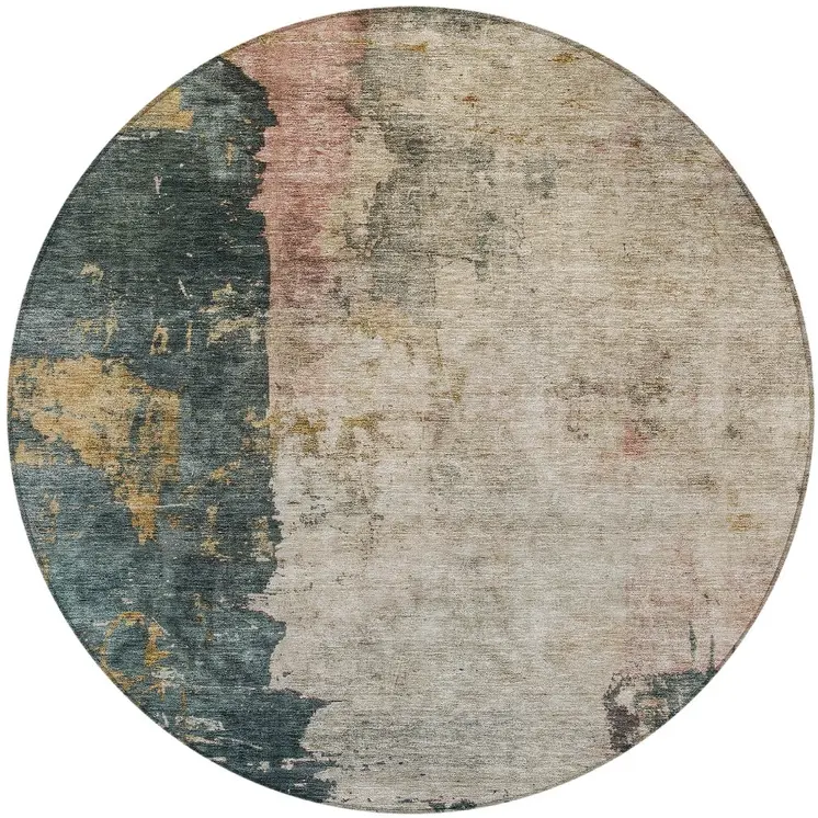 8' Taupe Blue And Lavender Round Abstract Washable Indoor Outdoor Area Rug