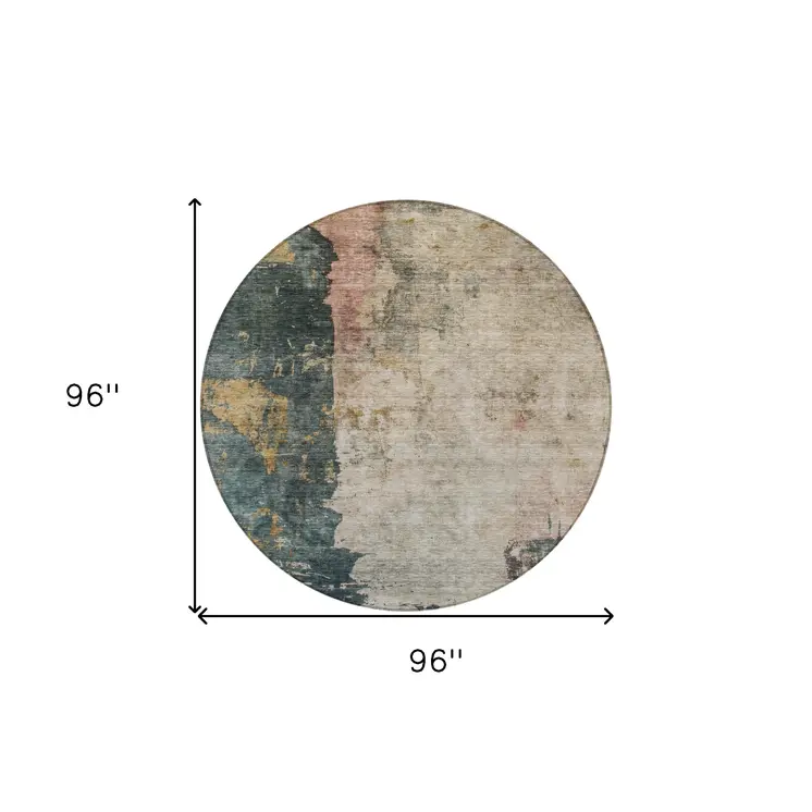 8' Taupe Blue And Lavender Round Abstract Washable Indoor Outdoor Area Rug
