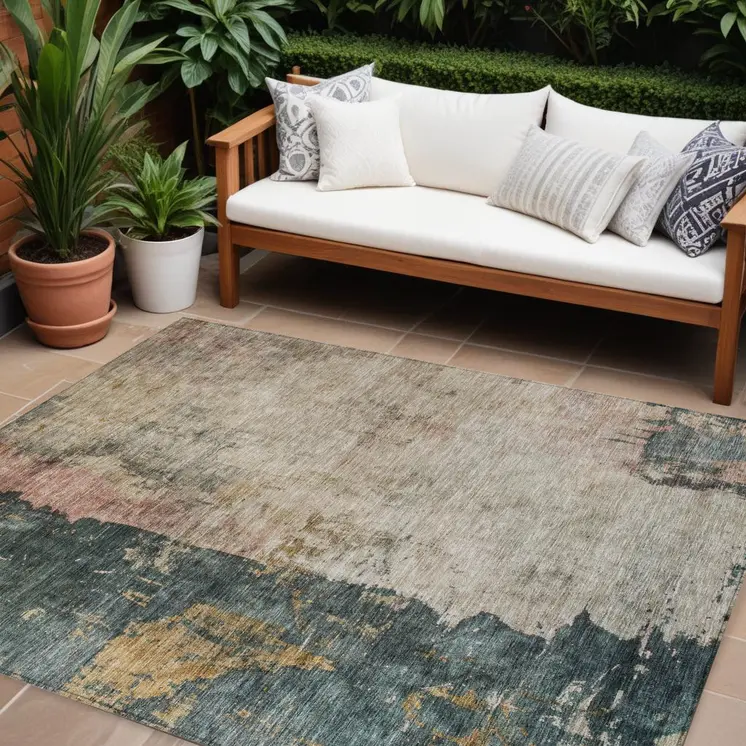 8' X 10' Taupe Blue And Lavender Abstract Washable Indoor Outdoor Area Rug