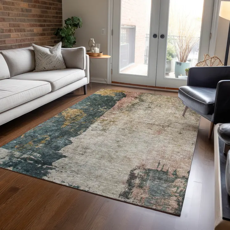 8' X 10' Taupe Blue And Lavender Abstract Washable Indoor Outdoor Area Rug