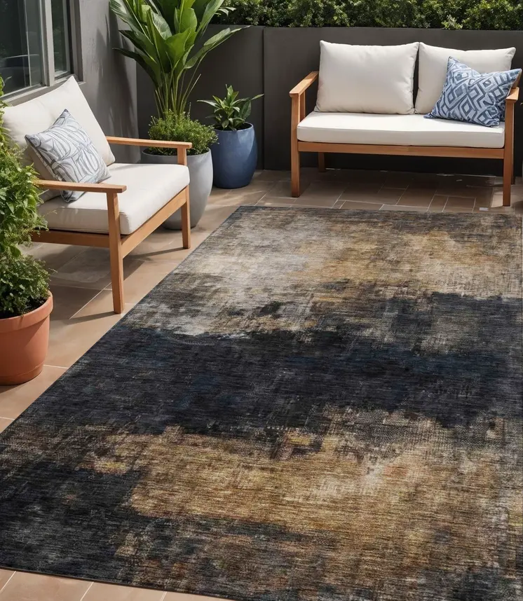 5' X 8' Charcoal Tan And Beige Abstract Washable Indoor Outdoor Area Rug