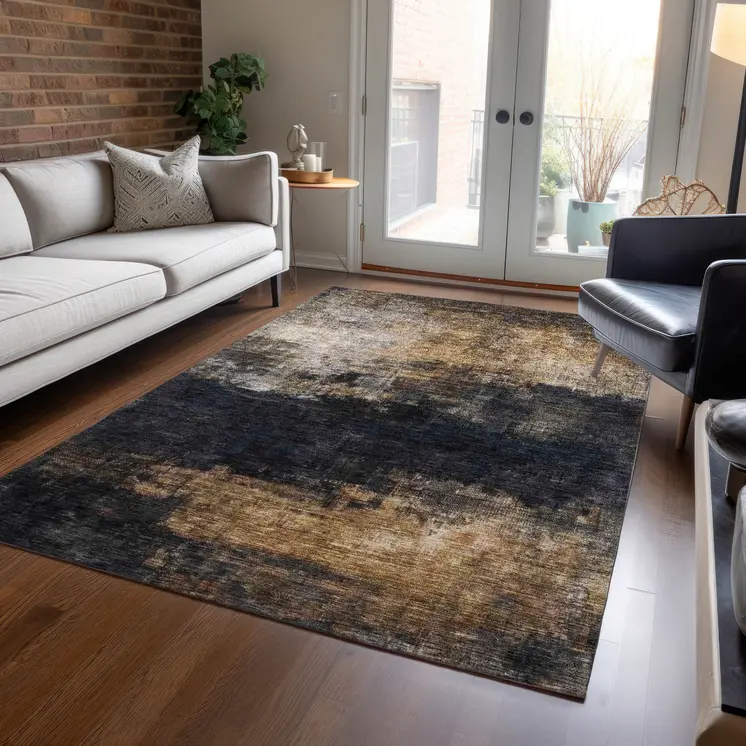 5' X 8' Charcoal Tan And Beige Abstract Washable Indoor Outdoor Area Rug