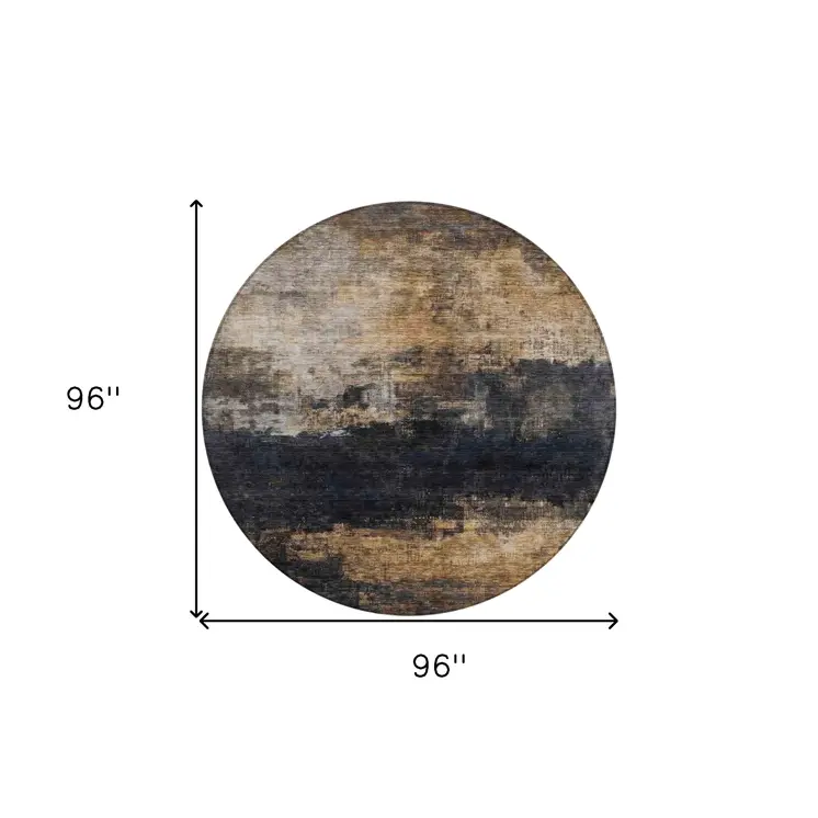 8' Charcoal Tan And Beige Round Abstract Washable Indoor Outdoor Area Rug