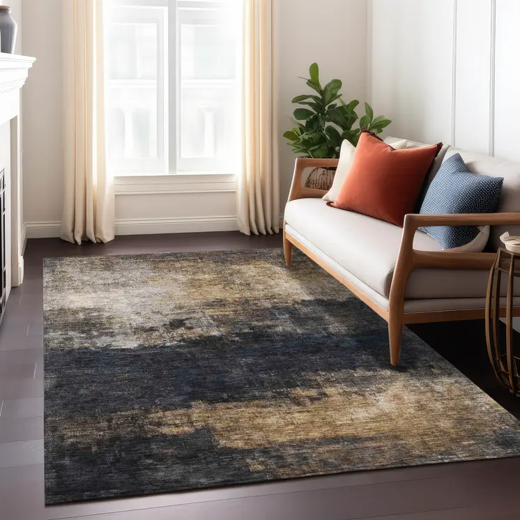9' X 12' Charcoal Tan And Beige Abstract Washable Indoor Outdoor Area Rug