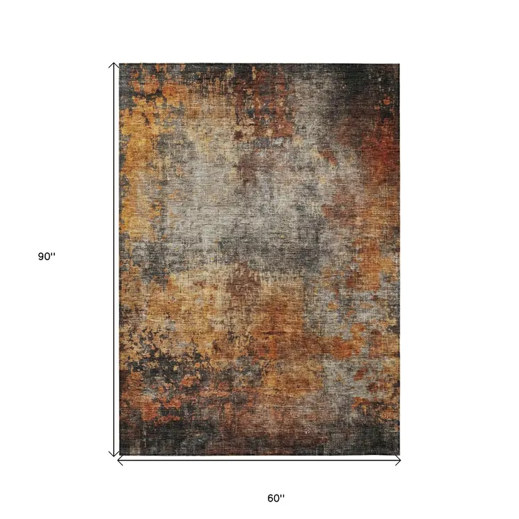 5' X 8' Copper Terra Cotta And Black Abstract Washable Indoor Outdoor Area Rug