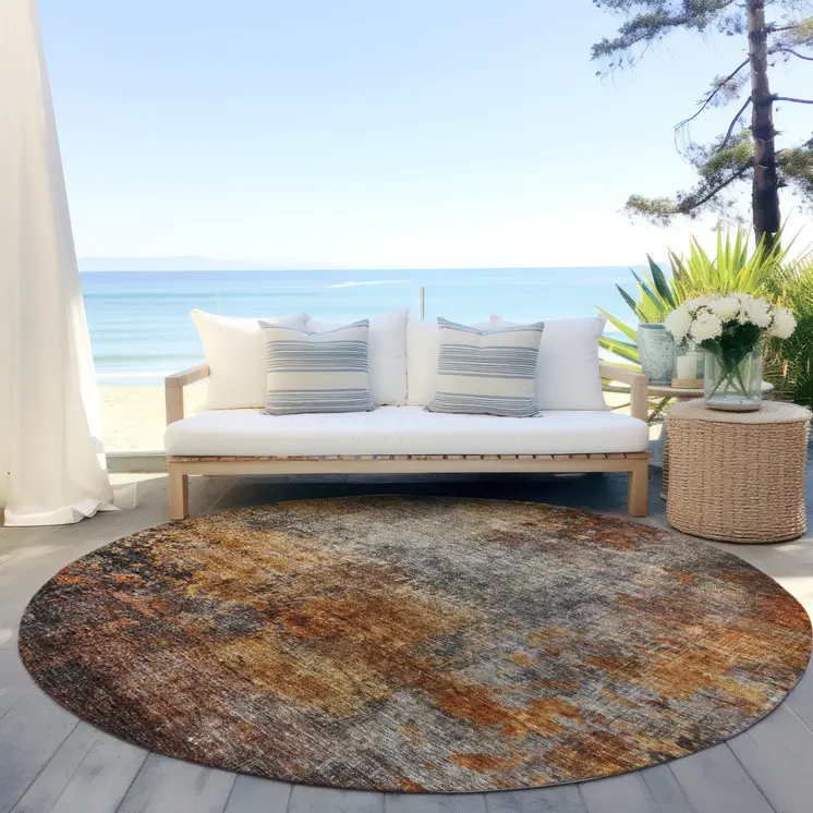 8' Copper Terra Cotta And Black Round Abstract Washable Indoor Outdoor Area Rug