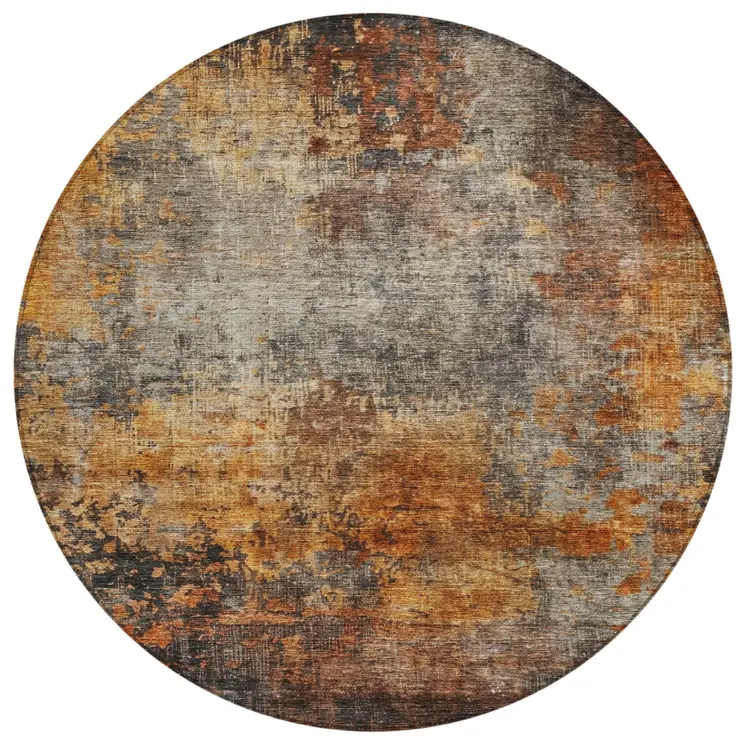 8' Copper Terra Cotta And Black Round Abstract Washable Indoor Outdoor Area Rug