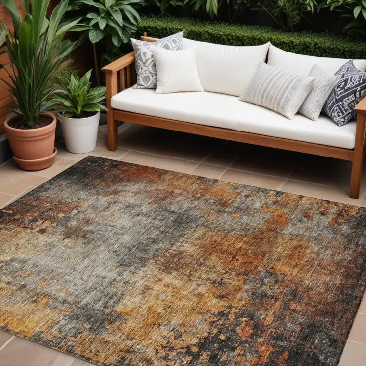 10' X 14' Copper Terra Cotta And Black Abstract Washable Indoor Outdoor Area Rug