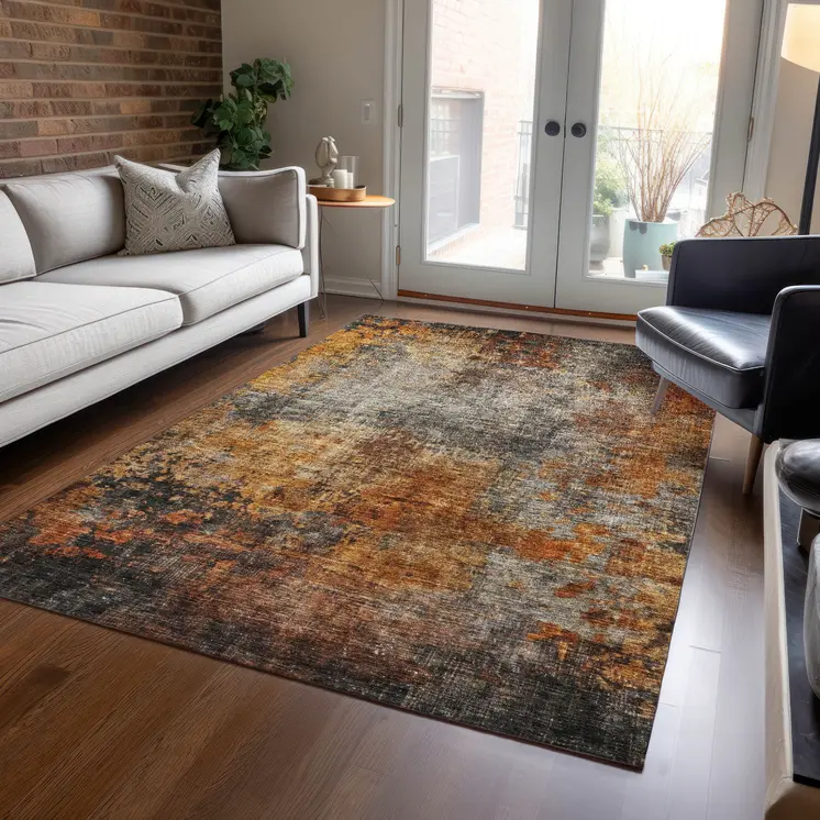 10' X 14' Copper Terra Cotta And Black Abstract Washable Indoor Outdoor Area Rug