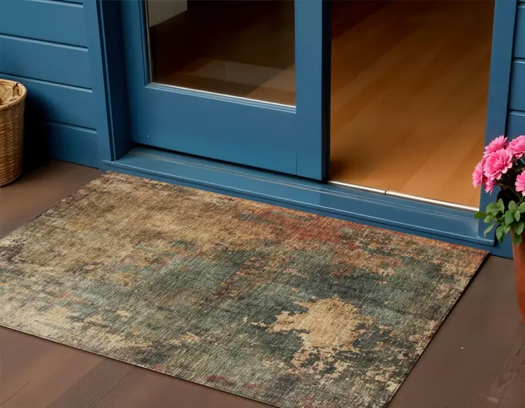 3' X 5' Sage Tan And Copper Abstract Washable Indoor Outdoor Area Rug