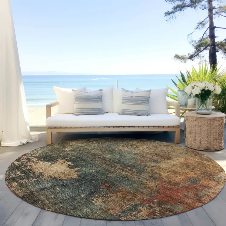 8' Sage Tan And Copper Round Abstract Washable Indoor Outdoor Area Rug