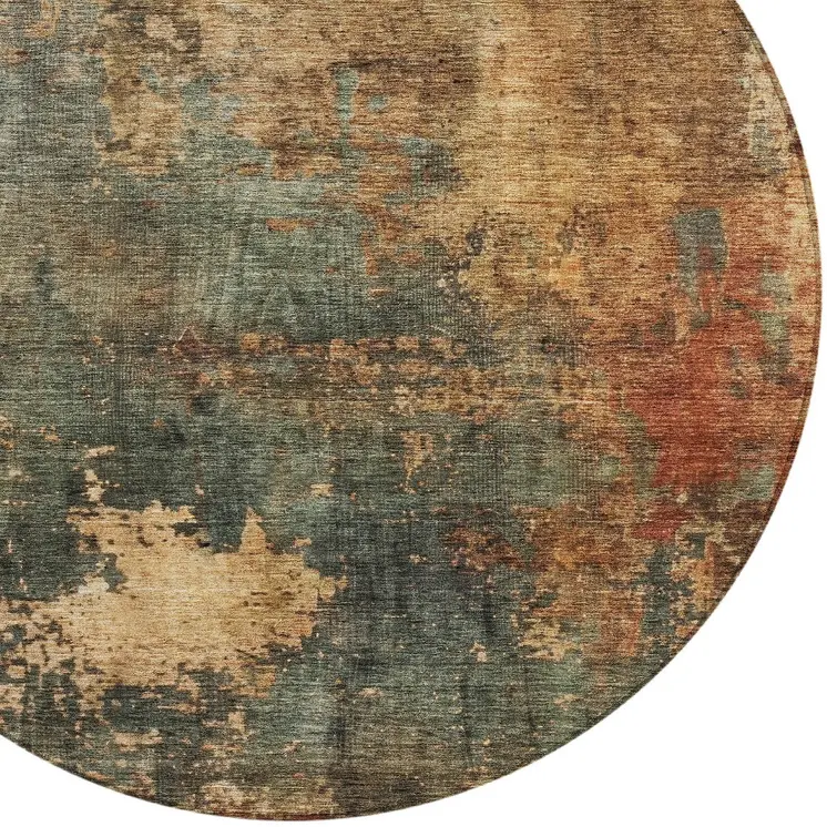 8' Sage Tan And Copper Round Abstract Washable Indoor Outdoor Area Rug