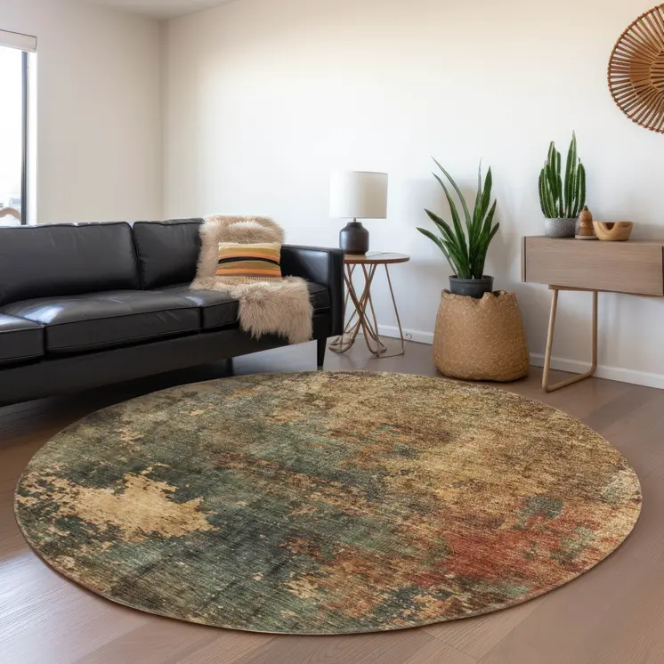 8' Sage Tan And Copper Round Abstract Washable Indoor Outdoor Area Rug