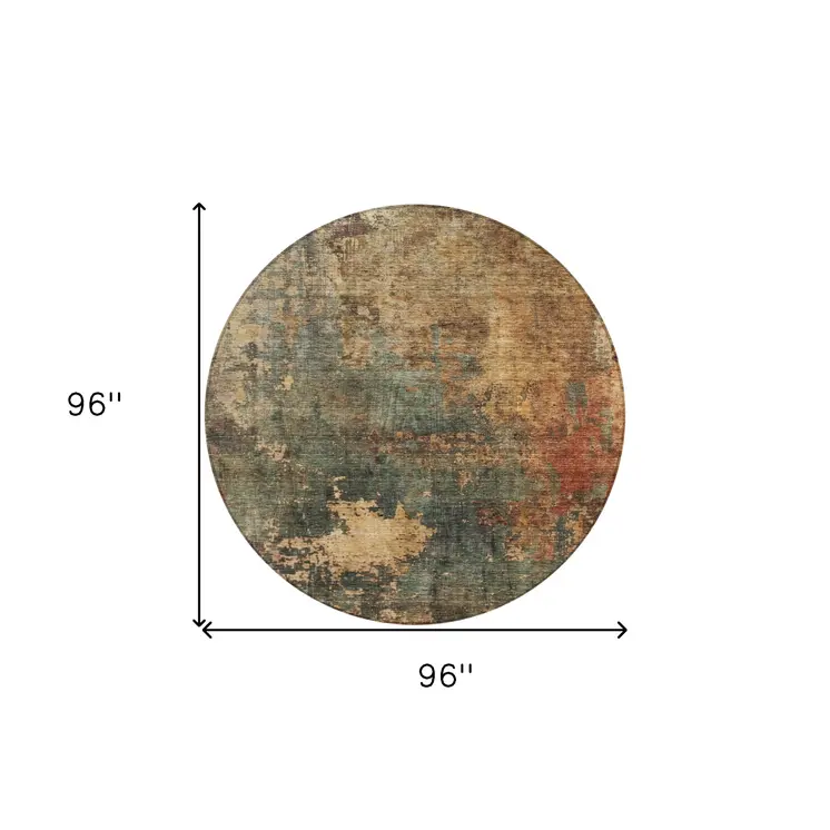 8' Sage Tan And Copper Round Abstract Washable Indoor Outdoor Area Rug