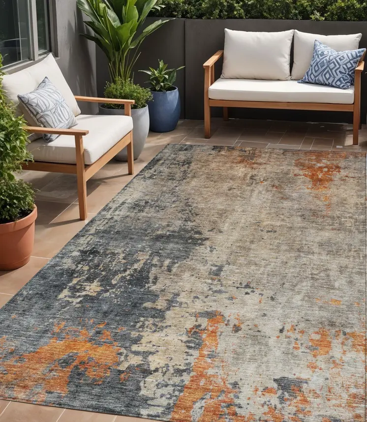 5' X 8' Khaki Gray And Copper Abstract Washable Indoor Outdoor Area Rug