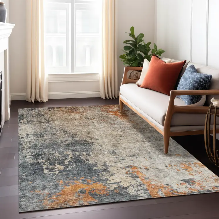 5' X 8' Khaki Gray And Copper Abstract Washable Indoor Outdoor Area Rug