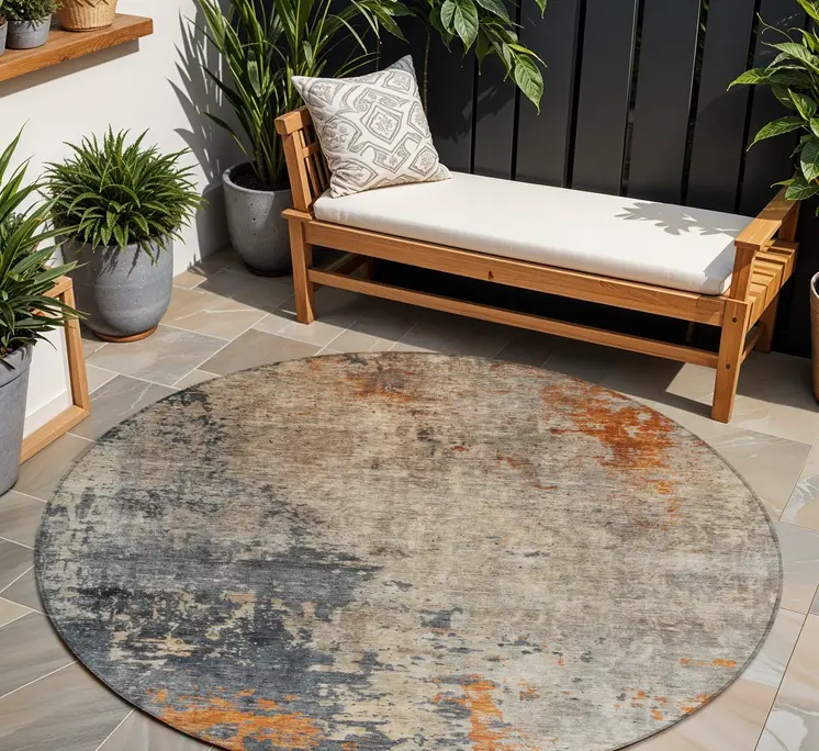 8' Khaki Gray And Copper Round Abstract Washable Indoor Outdoor Area Rug