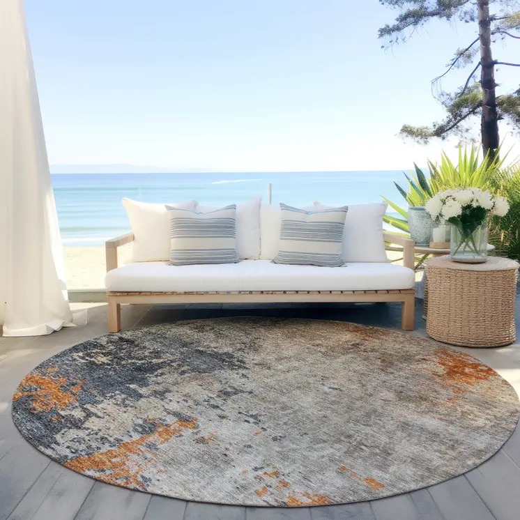 8' Khaki Gray And Copper Round Abstract Washable Indoor Outdoor Area Rug