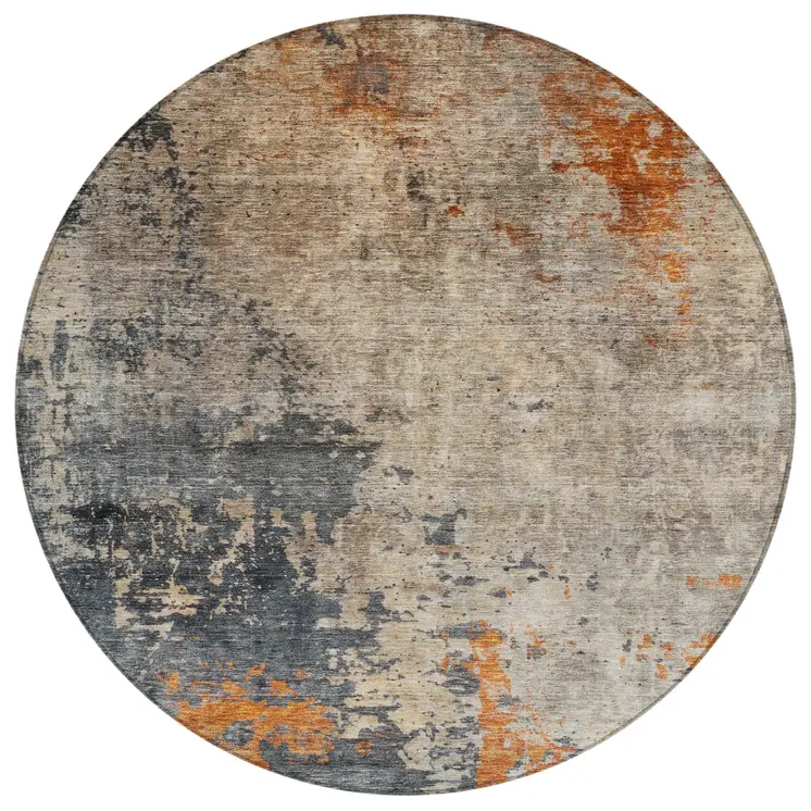 8' Khaki Gray And Copper Round Abstract Washable Indoor Outdoor Area Rug