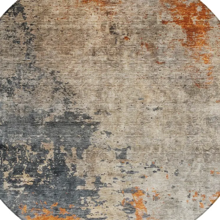 8' Khaki Gray And Copper Round Abstract Washable Indoor Outdoor Area Rug