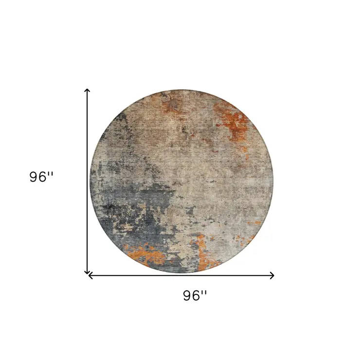 8' Khaki Gray And Copper Round Abstract Washable Indoor Outdoor Area Rug