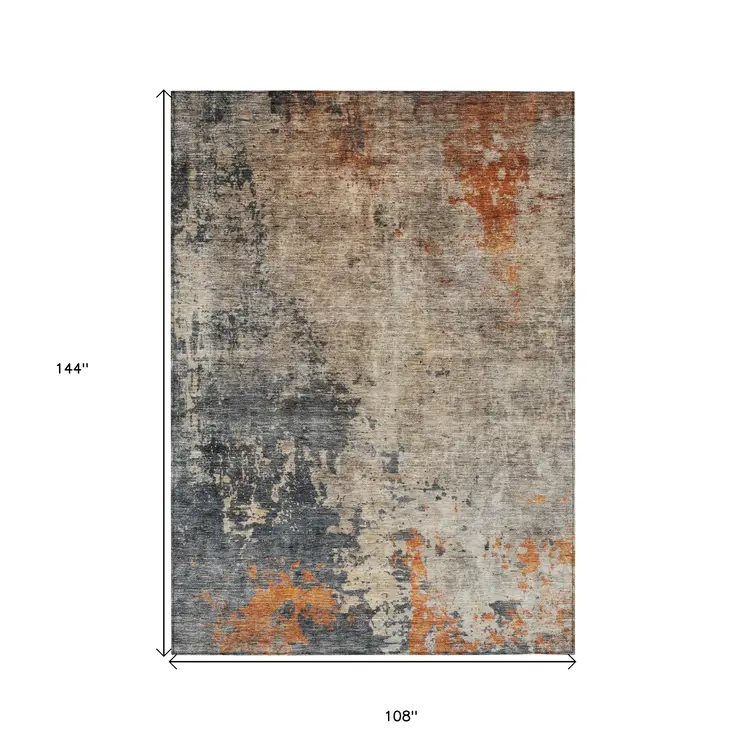 9' X 12' Khaki Gray And Copper Abstract Washable Indoor Outdoor Area Rug