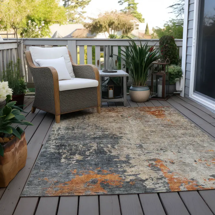 10' X 14' Khaki Gray And Copper Abstract Washable Indoor Outdoor Area Rug