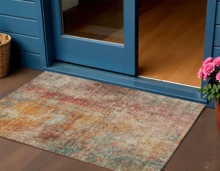 3' X 5' Tan Copper And Terra Cotta Abstract Washable Indoor Outdoor Area Rug