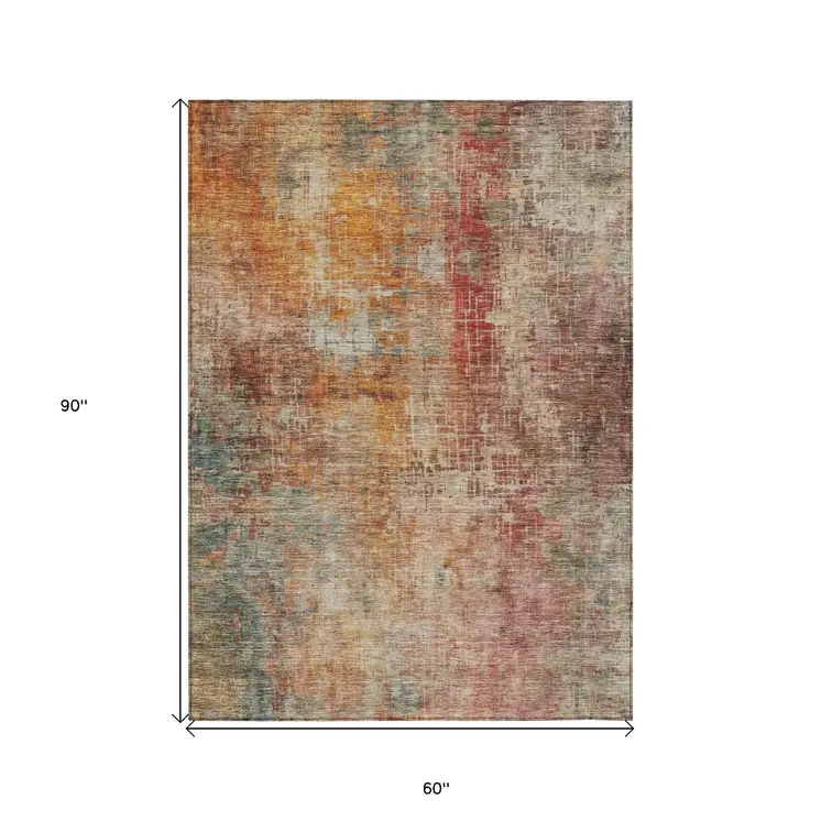 5' X 8' Tan Copper And Terra Cotta Abstract Washable Indoor Outdoor Area Rug