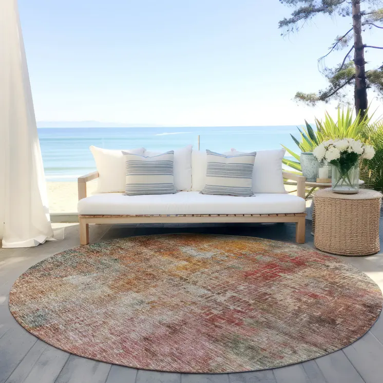 8' Tan Copper And Terra Cotta Round Abstract Washable Indoor Outdoor Area Rug