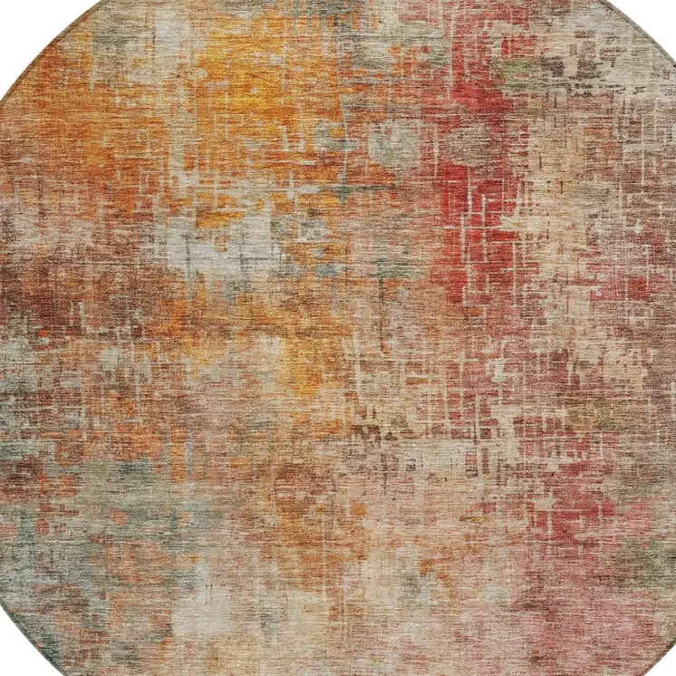 8' Tan Copper And Terra Cotta Round Abstract Washable Indoor Outdoor Area Rug