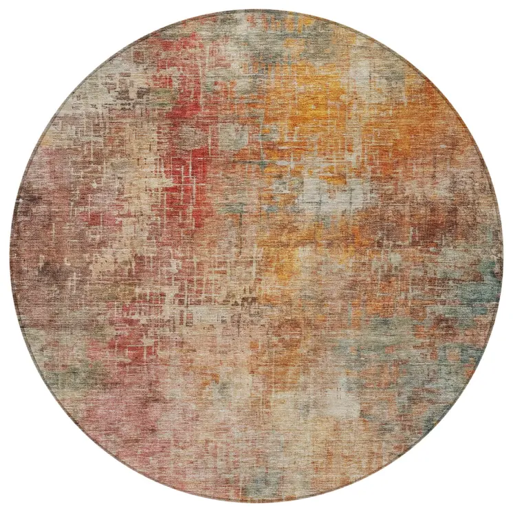 8' Tan Copper And Terra Cotta Round Abstract Washable Indoor Outdoor Area Rug