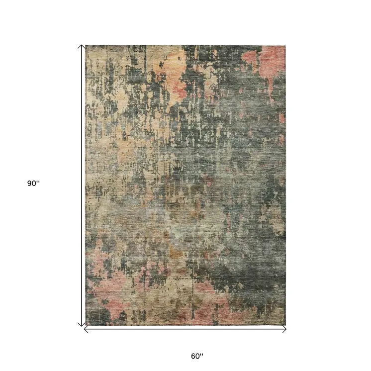 5' X 8' Sage Gray And Pink Abstract Washable Indoor Outdoor Area Rug