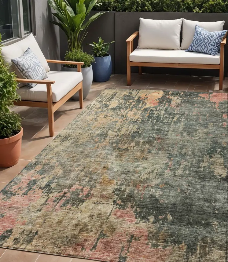 5' X 8' Sage Gray And Pink Abstract Washable Indoor Outdoor Area Rug