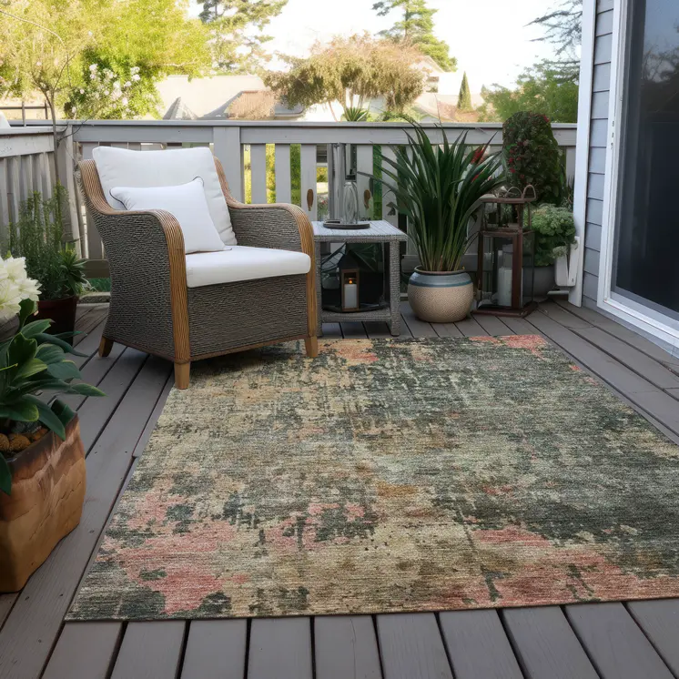 5' X 8' Sage Gray And Pink Abstract Washable Indoor Outdoor Area Rug