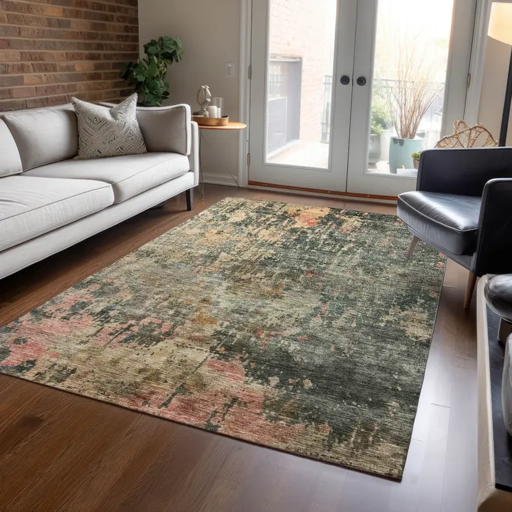 5' X 8' Sage Gray And Pink Abstract Washable Indoor Outdoor Area Rug